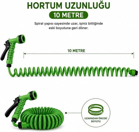 10 Metre Spiral Bahçe Sulama Hortumu Seti, 7 Fonksiyonlu Sprey Tabancalı Uzayabilir Kompakt Hortum, Evye ve Batarya Uyumlu Pratik Bahçe Hortumu, Araç Yıkama Balkon Teras Çiçek Sulama