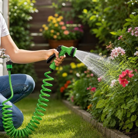 10 Metre Spiral Bahçe Sulama Hortumu Seti, 7 Fonksiyonlu Sprey Tabancalı Uzayabilir Kompakt Hortum, Evye ve Batarya Uyumlu Pratik Bahçe Hortumu, Araç Yıkama Balkon Teras Çiçek Sulama