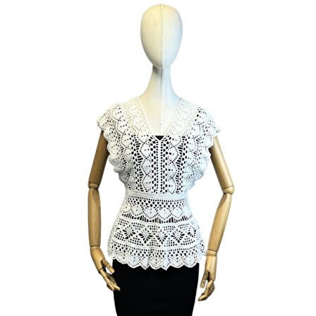 Uretti - Hülya 6683 3259 El Örgüsü V Yaka Beyaz Yazlık Dantel Bluz - 38 / 40 Beden