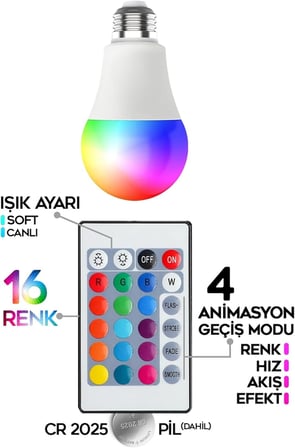 Rgb Led Lamba Kumandalı Ambiyans Aydınlatma 2000 Lümen Tasarruflu Renk Değiştiren Led Işık
