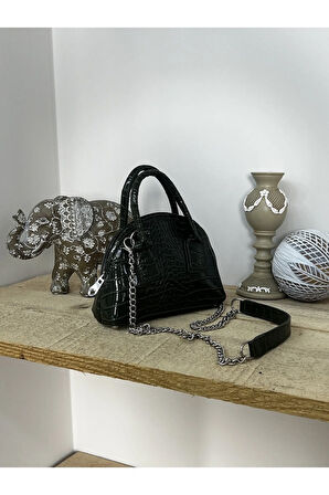 Kroko Suni Deri Mini El Ve Omuz Çantası Haki