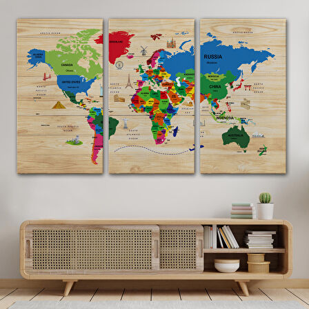 Harita Sepeti Ahşap Görünümlü Dünya Haritası Dekoratif Kanvas Tablo 2111