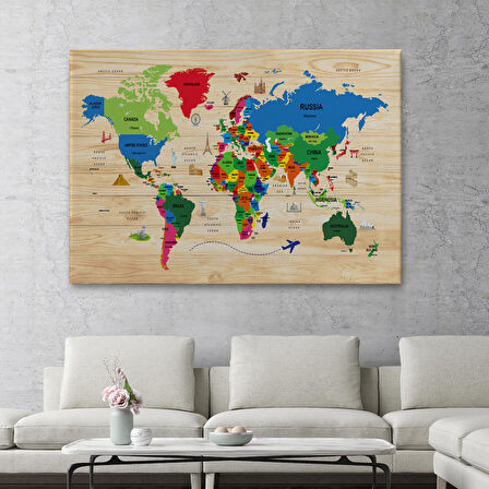 Harita Sepeti Ahşap Görünümlü Dünya Haritası Dekoratif Kanvas Tablo 2111