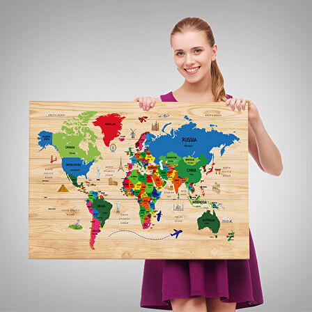 Harita Sepeti Ahşap Görünümlü Dünya Haritası Dekoratif Kanvas Tablo 2111