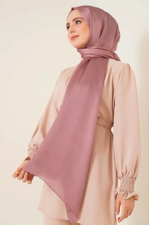 Abiye Janjan Parlak Saten Dokulu Tesettür Abiye Şifon Gül Pembe Şal