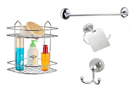 Banyo Aksesuar Seti 4 Lü Krom , Paslanmaz Köşelik Duş Rafı Şampuanlık Krom EK-02