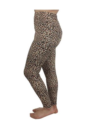 Kadın Kahverengi Leopar Desenli Uzun Penye Pamuklu Tayt