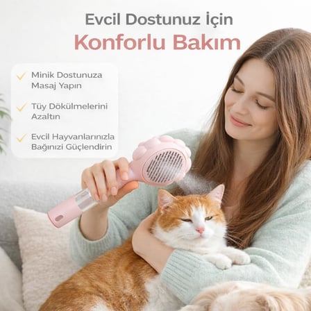 Kedi Köpek Spreyli Tarak Toplama Fırçası - Su Hazneli Kendinden Temizlemeli Tarak - Paslanmaz Çelik Uçlu - Masaj Etkili Evcil Hayvan Tarağı - Tüy Dökülme Karşıtı Fırça