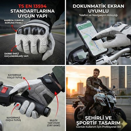 RVK Yazlık Motosiklet Eldiveni Karbon Korumalı TS EN 13594 Etiketli Dokunmatik Ekran Uyumlu, L Beden