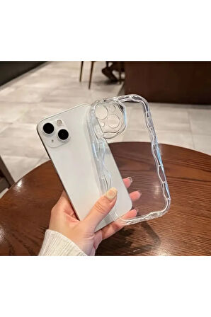 İPHONE 15 UYUMLU ŞEFFAF KENARLARI DALGALI KABARIK KAMERA KORUMALI SİLİKON KILIF