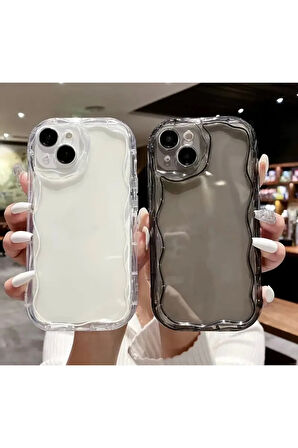 İPHONE 14 UYUMLU ŞEFFAF KOYU GRİ KENARLARI DALGALI KABARIK KAMERA KORUMALI SİLİKON KILIF