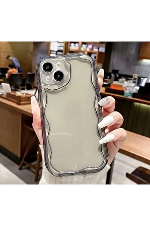 İPHONE 16 UYUMLU ŞEFFAF KOYU GRİ KENARLARI DALGALI KABARIK KAMERA KORUMALI SİLİKON KILIF