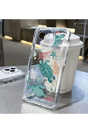 İPHONE 15 UYUMLU DENİZ KAPLUMBAĞA DESENLİ ŞEFFAF SİLİKON KILIF