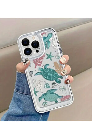 İPHONE 15 UYUMLU DENİZ KAPLUMBAĞA DESENLİ ŞEFFAF SİLİKON KILIF