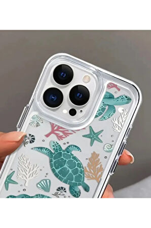 İPHONE 15 UYUMLU DENİZ KAPLUMBAĞA DESENLİ ŞEFFAF SİLİKON KILIF
