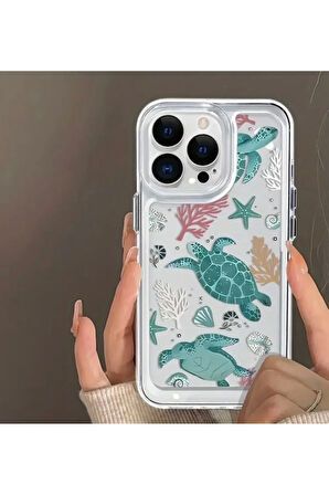 İPHONE 15 UYUMLU DENİZ KAPLUMBAĞA DESENLİ ŞEFFAF SİLİKON KILIF