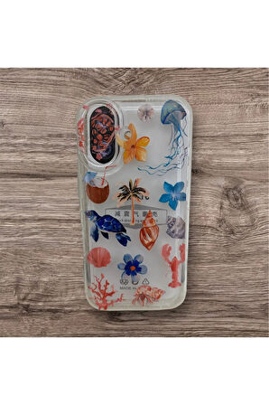 İPHONE 16 UYUMLU DENİZ KABUĞU KAPLUMBAĞA DESENLİ ŞEFFAF SİLİKON KILIF