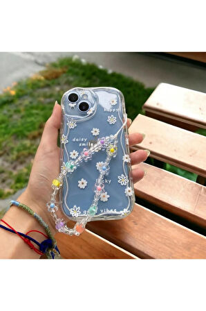 İPHONE 15 UYUMLU ÇİÇEK DESENLİ AKSESUARLI ŞEFFAF SİLİKON KILIF