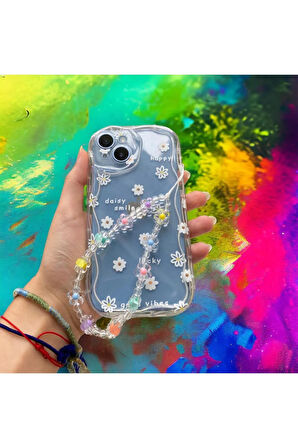 İPHONE 15 UYUMLU ÇİÇEK DESENLİ AKSESUARLI ŞEFFAF SİLİKON KILIF