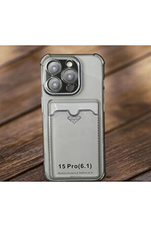 İPHONE 15 PRO UYUMLU KARTLIKLI ŞEFFAF SİLİKON KILIF