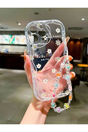 İPHONE 15 PRO UYUMLU ÇİÇEK DESENLİ AKSESUARLI ŞEFFAF SİLİKON KILIF