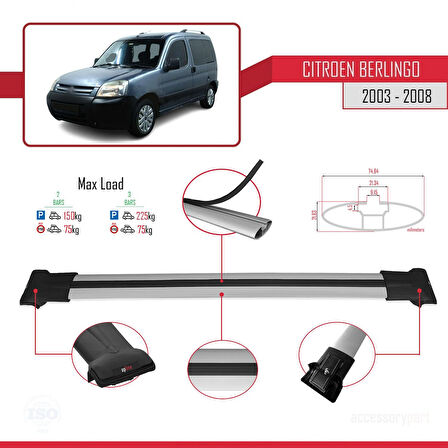 Citroen Berlingo (M59) 2003-2008 Arası ile Uyumlu FLY Model Ara Atkı Tavan Barı Gri 2 Adet