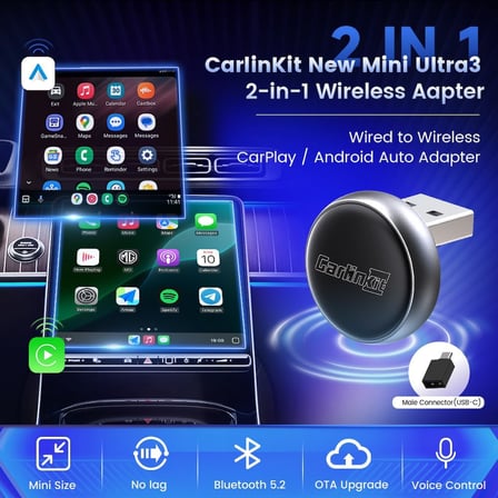 OEM Kablolu Arabalar için Mini Ultra3 Kablosuz CarPlay ve Android Araç Adaptörü - 2.4/5 Ghz WiFi Hızlı Önyükleme, Tak ve Çalıştır, Çevrimiçi Güncelleme, Mini Tasarım iOS 10+/Android 11.0+