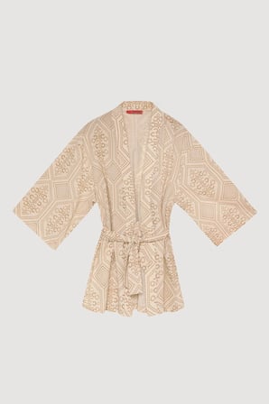 Etnik Desenli Bağlamalı Kısa Kimono Naturel