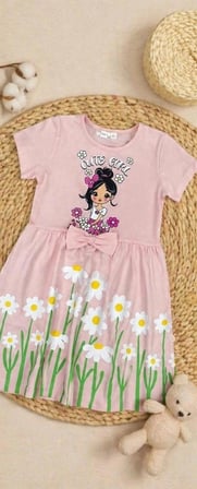 Papyon Detaylı Kız Çocuk Elbise %100 Pamuk Süprem Penye Yazlık Elbise