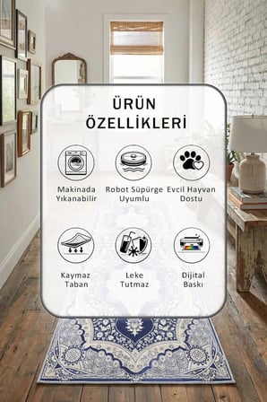 Yıkanabilir Kaymaz Lacivert Dijital Baskılı Yolluk Halı Tüy Tutmaz Lacivert