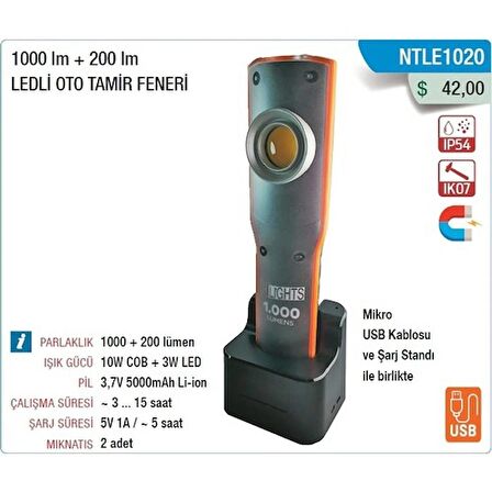 Nt Tools NTLE1020 Şarjlı Ledli Oto Tamir Feneri 1000 + 200 Lümen 
