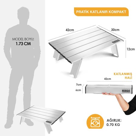 Portatif Küçük Masa Alüminyum Ultra hafif Katlanır Mini Masa - Plaj, Piknik, Kamp, Balıkçı, Outdoor Küçük Sehpa Yan Masa - Gümüş