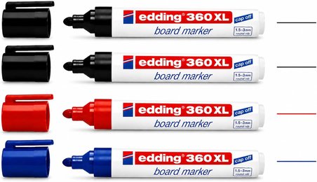360 XL Tahta Kalemi Seti, 4'lü (2 Siyah, 1 Mavi, 1 Kırmızı), Yuvarlak Uçlu, 1.5-3 mm, Beyaz Tahta ve Flipchart Uyumlu, Cap-Off Teknolojisi
