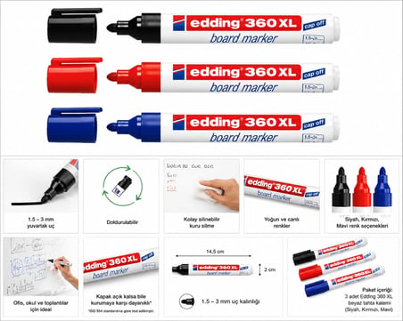 360 XL Tahta Kalemi Seti, 4'lü (2 Siyah, 1 Mavi, 1 Kırmızı), Yuvarlak Uçlu, 1.5-3 mm, Beyaz Tahta ve Flipchart Uyumlu, Cap-Off Teknolojisi