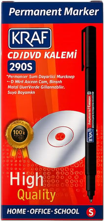 Kraf Permanent Marker CD/DVD Kalemi 290S, Siyah, İnce Uç, Cam, Plastik ve Metal Yüzeylerde Kullanım, 12'li Paket