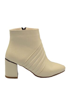 Kadın Ten Kırışık Rugan Kalın Topuklu Botie