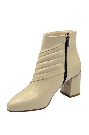 Kadın Ten Kırışık Rugan Kalın Topuklu Botie