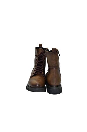 Kadın Haki Zümrüt Mat Deri Yandan Fermuarlı Bağcıklı Bot