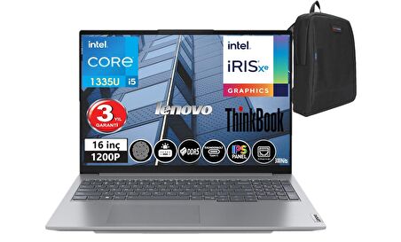 Lenovo ThinkBook 16 Gen6 IRL İntel i5 1335U 32GB DDR5 Ram 512GB SSD 16" WUXGA (1920x1200) Freedos Taşınabilir Bilgisayar TB21KH001ETR04+WeblegelsinÇanta