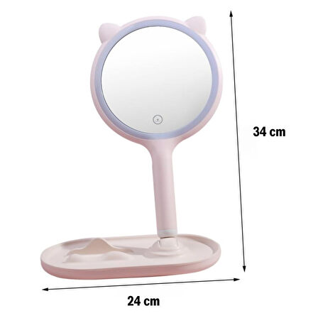 caselka® Kedi Kulaklı Telefon Standlı Yuvarlak Dokunmatik Led Ayarlı Masa Üstü Makyaj Aynası