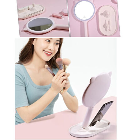 caselka® Kedi Kulaklı Telefon Standlı Yuvarlak Dokunmatik Led Ayarlı Masa Üstü Makyaj Aynası