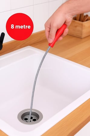 Lavabo Açma Teli, 6 mm Kalınlık, Dayanıklı, Metal Tel, Lavabo ve Gider Borusu Açacağı, Tıkanıklık Giderici, Spiral Tel, Ergonomik Sap, Kolay Kullanım, Lavabo, Tuvalet, Banyo, Gider Açıcı (8 M)