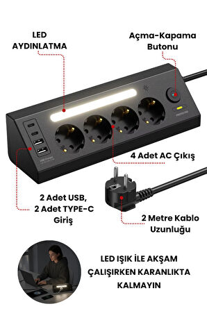 Akım korumalı priz 4'LÜ Priz 2X-usb 2X,-ype-C Çıkışlı Grup Priz Çoğaltıcı PRO-LP764