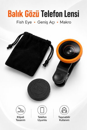 Balık Gözü Telefon Lensi Fish Eye Geniş Açılı Makro Klipsli Selfie Kamera Lensi Apple Android Uyumlu