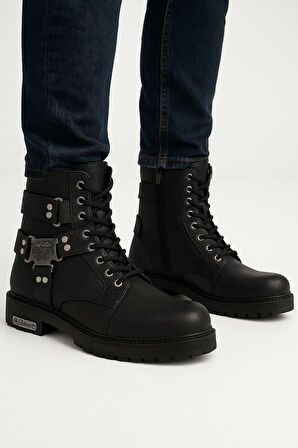 Günlük Erkek Bot Metal Toka Detaylı Bağcıklı Fermuarlı Oval Burun Kalın Kaymaz Taban Bootie 2118