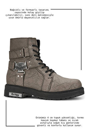 Günlük Erkek Bot Metal Toka Detaylı Bağcıklı Fermuarlı Oval Burun Kalın Kaymaz Taban Bootie 2118