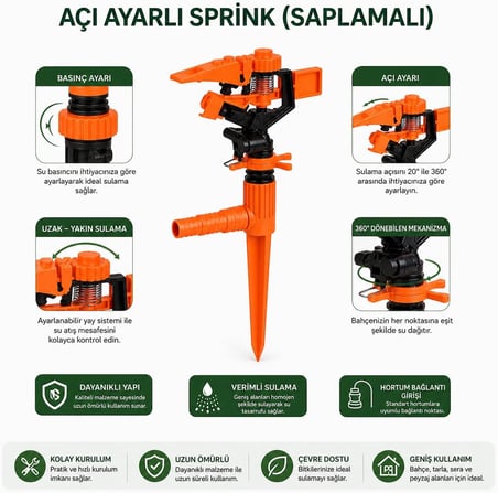 Açı Ayarlı Bahçe Sulama Fıskiyesi Basınç Ayarlı Sprink Yer Tipi Toprağa Batırmalı 360° Döner Sprey Sulama Sistemi Hortum Uyumlu (ASORTİ RENK)