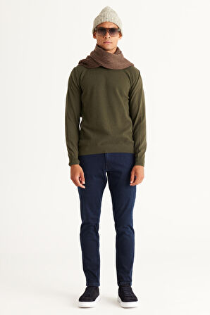 Erkek Haki Standart Fit Normal Kesim Yarım Balıkçı Yaka Pamuklu Triko Kazak