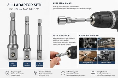 3'lü Lokma Adaptörü Seti, 1/4", 3/8", 1/2" Çelik, Matkap ve Vidalama Aletleri için 1/4" Hex Plus