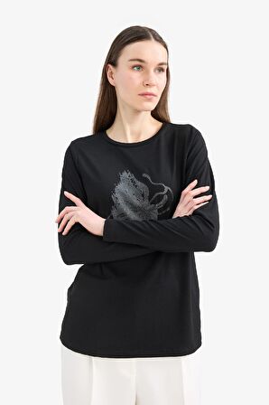 DeFacto Regular Fit Bisiklet Yaka Sim Baskılı Uzun Kollu Tişört E7123AX25SMBK81